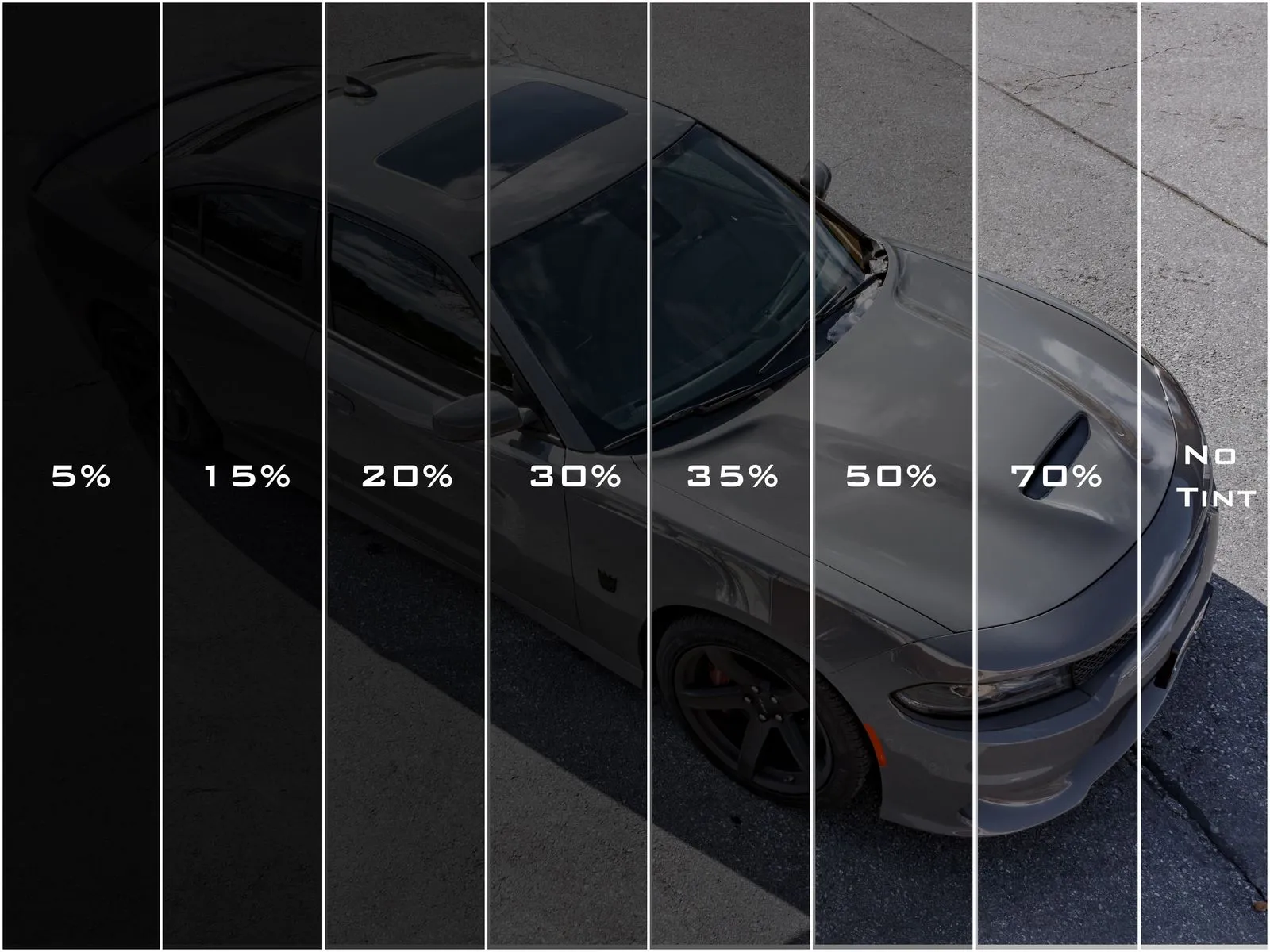 Window tint shade comparison on a gray sedan